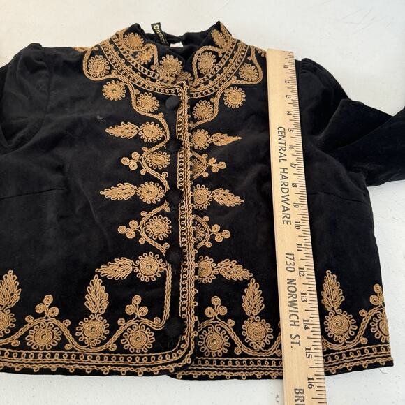 H&M Velvet Embroidered Military Jacket Sz 10 Black Gold Cropped Victorian Grunge - Picture 9 of 10